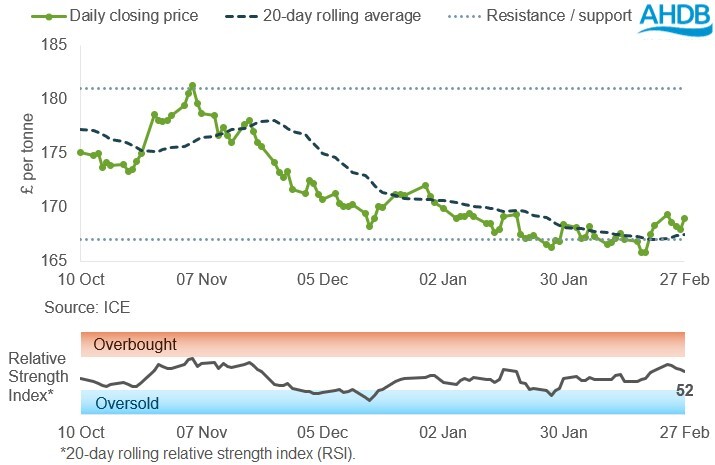Line graph of UK feed wheat futures May-26 prices over the past six months.